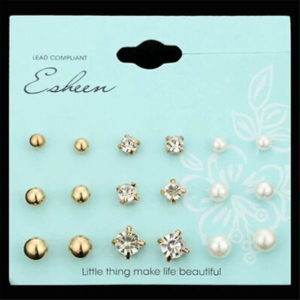 

fashion cubic zirconia stud earrings set for woman round silver earring party jewelry gift 9 pairs, Golden;silver