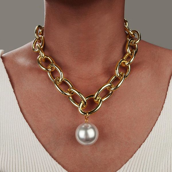 

vintage gold color big simulated pearl pendant choker necklace for women metal chain statement necklace girls friendship jewelry, Golden;silver