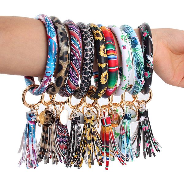 

Fashion PU Leather Bracelet Keychain Tassel Pendant Sports Leopard Sunflower Cactus Pattern rainbow leopard print beach leaves Key Ring, Slivery;golden
