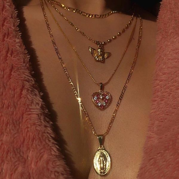 

pendant necklaces kmvexo angel heart pink crystal figure clavicle chain multilayer gold necklace set wedding bridal jewelry gift, Silver