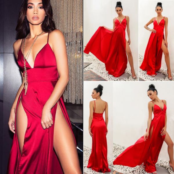 

summer women fashion dress v neck slit dresses strappy deep pure color party new formal long maxi dress, Black;gray