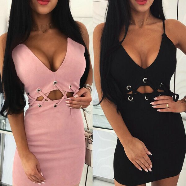 

new style women dress bandage bodycon casual sleeveless evening party pure color hollow out bandage club mini deep v neck dress, Black;gray