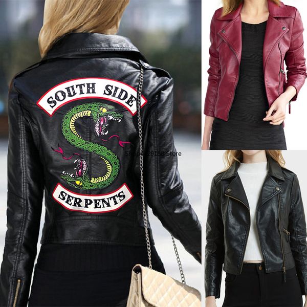 

women riverdale leather jackets winter slim motorcycle bomber jacket coats south side serpents printed black wine red
