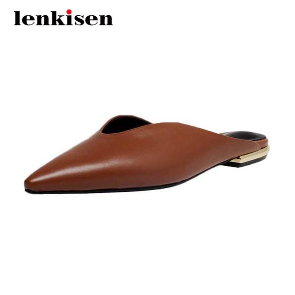 

lenkisen 2020 korean girls leisure cow leather pointed toe low square heel mules slip on beauty lady daily wear women pumps l5f1, Black