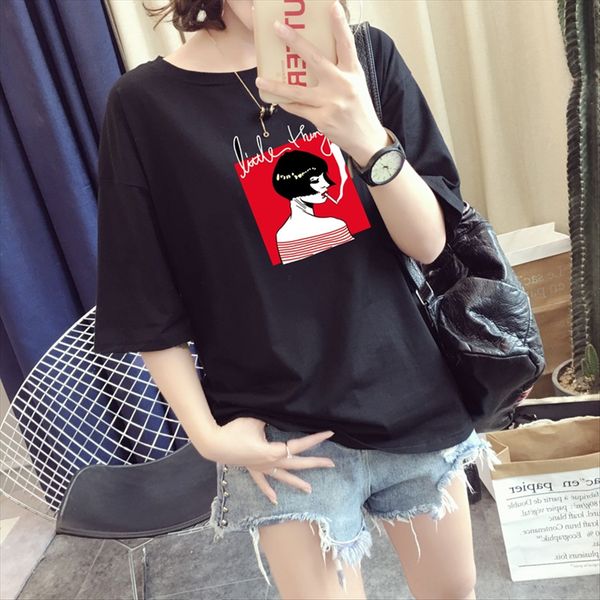

2019 women's dress t-shirt beauty shoulder-leaking printed loose t-shirt female student short sleeve fashion, White