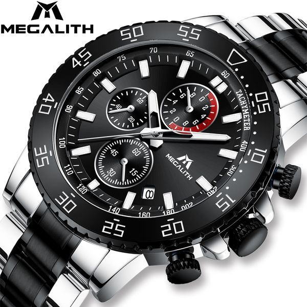 

megalith watches men stainless steel band waterproof quartz wristwatch chronograph clock male fashion sporty watch 8087, Slivery;brown