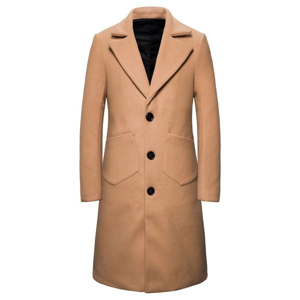 

men's casual single-breasted slim fit warm coat wool blends pocket overcoat male fashion wild outerwear, Tan;black