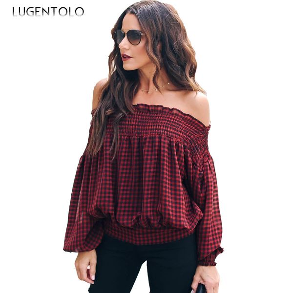 

lugentolo women blouse long sleeve slash neck plaid loose casual red balck fashion new lady elegant blouses, White