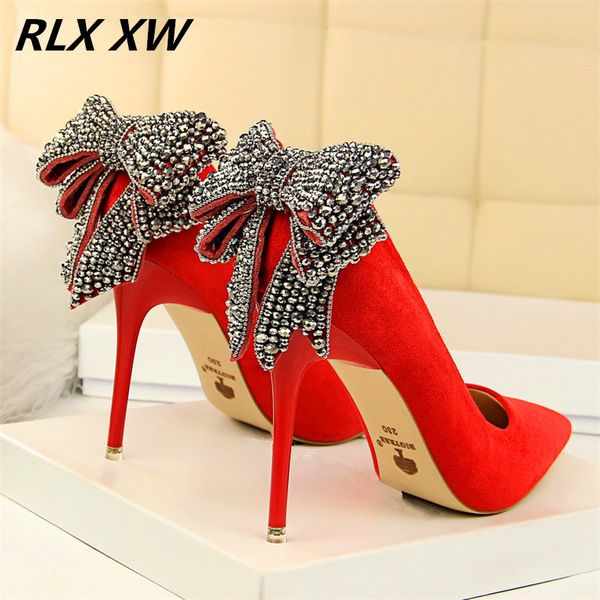 

Dress Shoes Women's Elegant Crystal Butterfly-knot Shallow Wedding Korean Fashion Women Pumps Solid Flock Pointed Toe High Heels