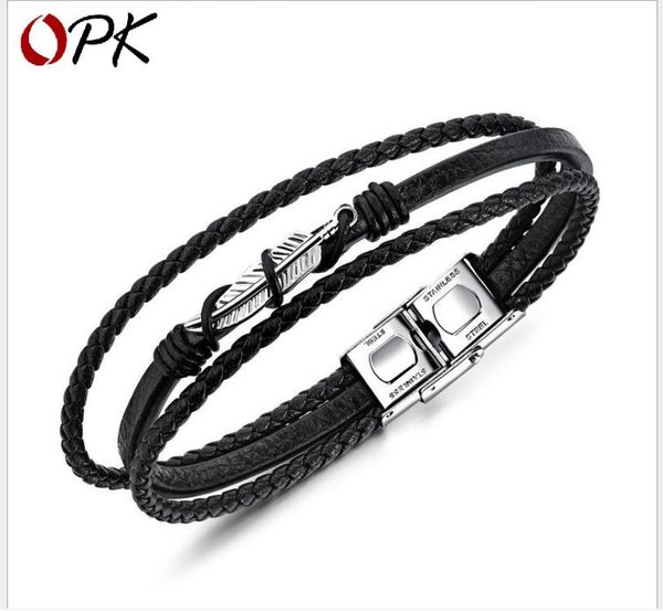

feather men's leather bracelet vintage multilayer woven leather cord leather jewelry, Golden;silver