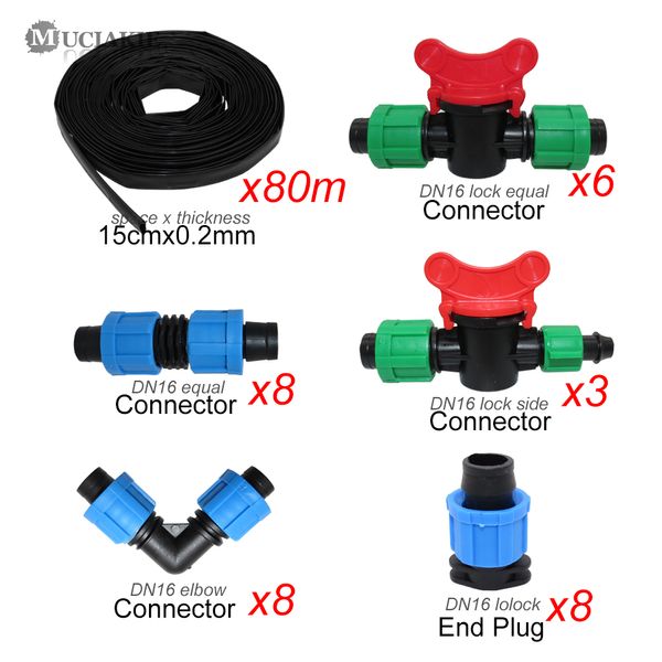 

muciakie 80m garden greenhouse water drip tape irrigation kit with drop space 15cm tape dn16 equal elbow connector end plugs
