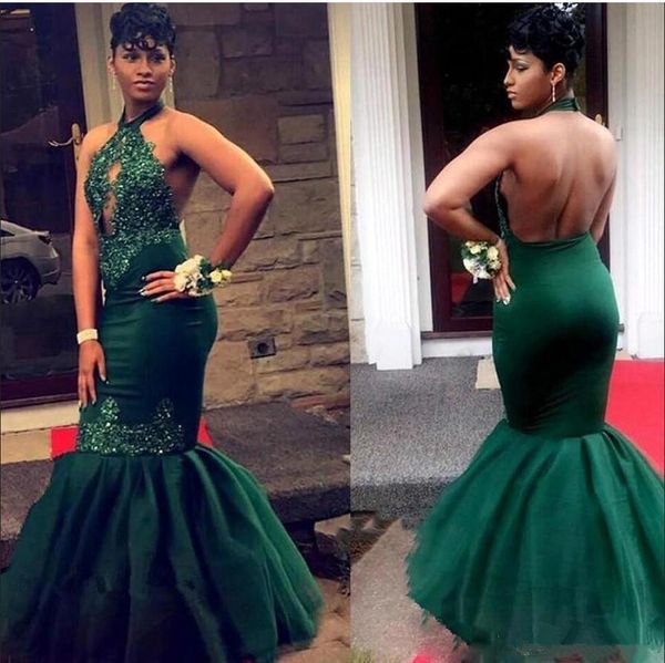 

dark green mermaid 2k19 south african prom dresses black girls halter keyhole neck appliqued ruched open back evening gowns