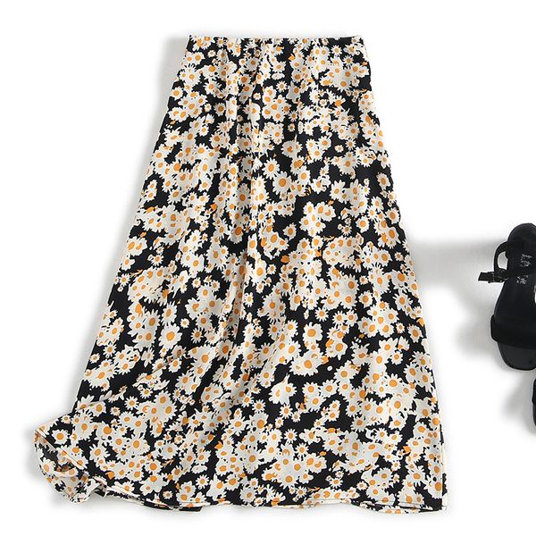 

vintage floral print pleated long skirts summer women korean beach bohemian hippie chic jurken streetwear high waist midi skirt, Black