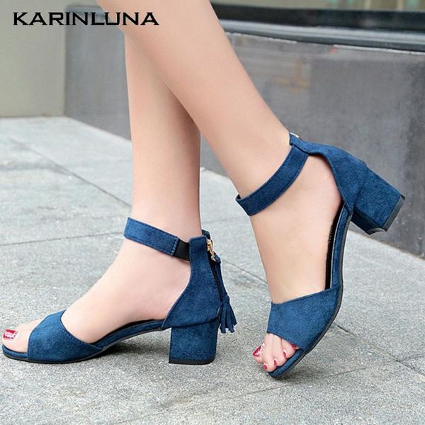 

karin 2020 design fringe flcok women sandals square heels peep toe pumps summer casual women shoes, Black