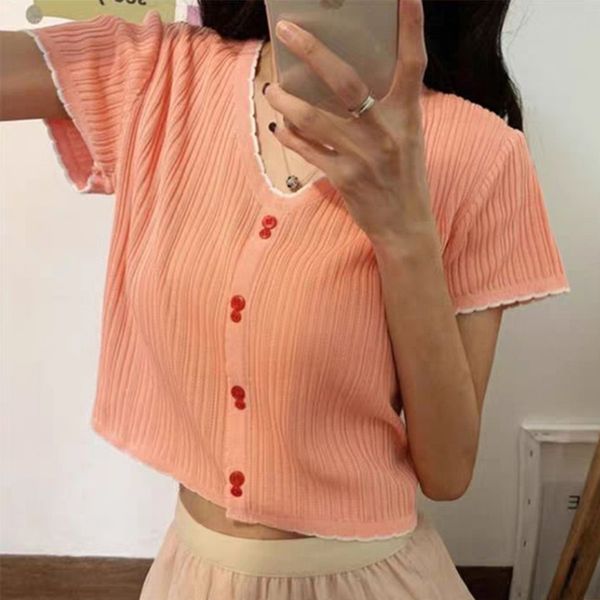 

knitted ruffle hem women short t-shirts short sleeve button v-neck solid female crop t-shirt summer fashion ladies clothes, White