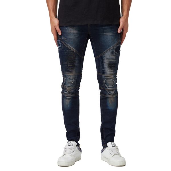 

mens draped designer ripped jeans slim fit biker pencil pants spring autumn fashion trousers, Blue