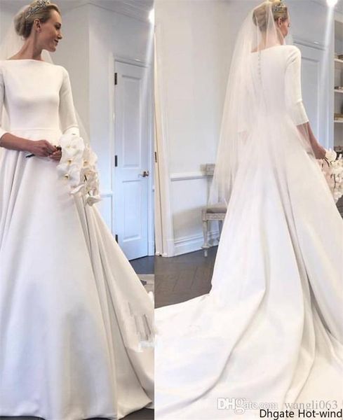 

2020 modest satin wedding dresses meghan markle style bateau neck long sleeves covered buttons back garden bridal gown, White