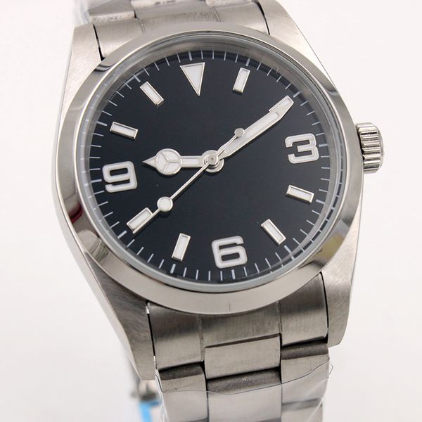 

simple style sapphire automatic mens wristwatches 36mm black dial fixed domed stainless steel bezel luminous man watch outdoor watches, Slivery;brown