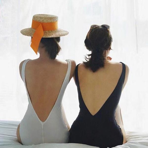 

big backless deep v skinny belly-covering chest gathering swimsuit holiday seaside tie-in swimsuit female, White;black