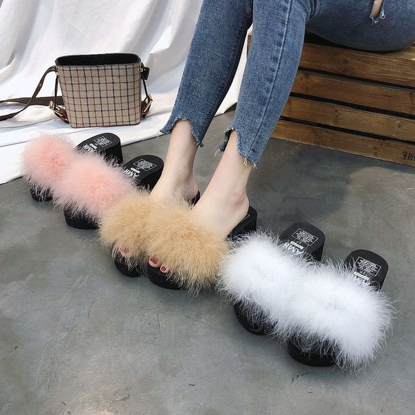 

summer ladies low slippers modis outside flat clogs platform new 2019 water leather furry slides female brief rubber spring, Black