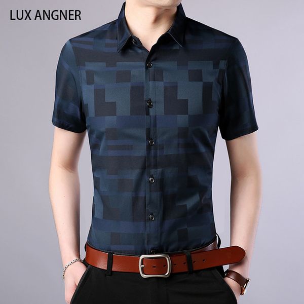 

lux angner 2020 summer short sleeve shirt men business casual plaid shirt slim fit cotton shirts men dress korean clothes, White;black
