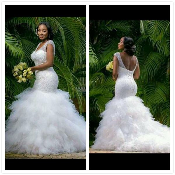 

2019 african nigeria mermaid wedding dress with beads long v-neck tiers tulle ruffles vestido de novia wedding bridal gowns, White