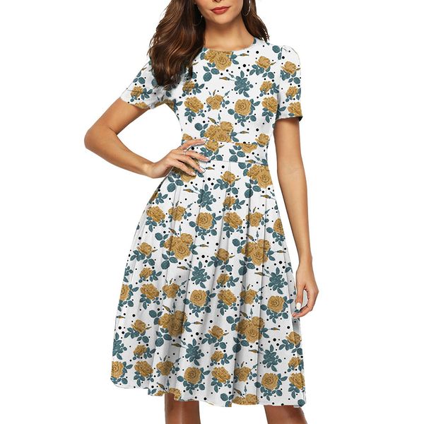 

звездное небо цветочные платья лето 2020 женщин короткий рукав круглый шею элегантный тонкий a- линия платье, Black;gray