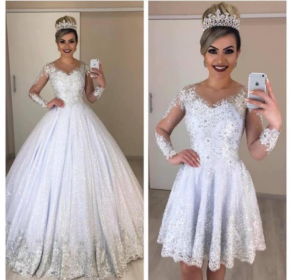 

2020 sparkle lace short wedding dresses 2 pieces detachable train sequined beaded bridal gowns see through full sleeves vestido de noiva, White