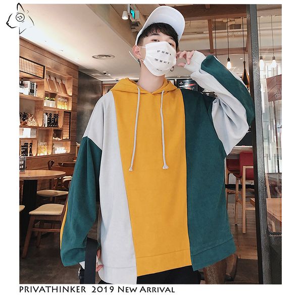 

privathinke autumn hooded sweatshirt japanese harajuku streetwear sweatshirt men casual patchwork male, Black