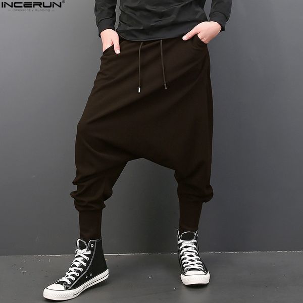 

incerun 2019 fashion harem pants men elastic waist baggy low drop crotch hiphop joggers trousers men dance sweatpants streetwear, Black