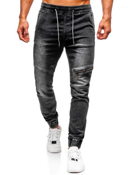 

banded washed jeans casual elastic waist drawstring pencil pants streetwear zipper patchwork pants trousers mens ankle, Blue