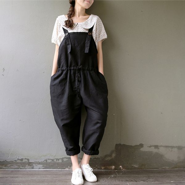 

women's jumpsuits & rompers spring women casual playsuits plus size cotton linen womens jumpsuit oversized loose tunic overalls, Black;white
