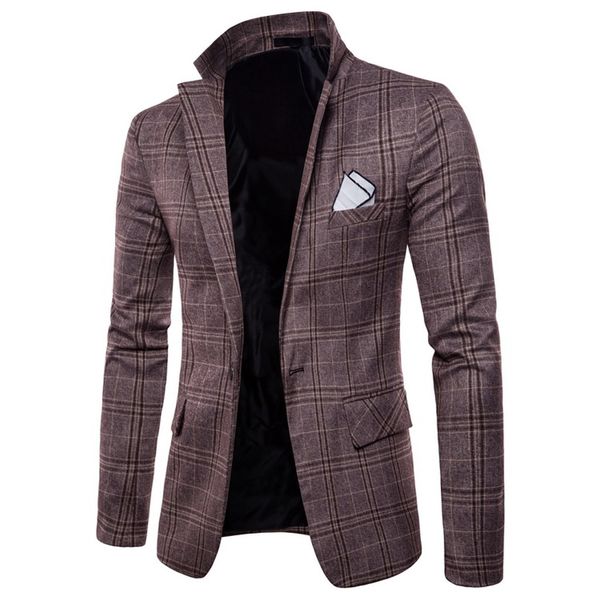 

new mens slim fit casual cotton men blazer jacket single button gray lapel suit jacket 2019 autumn plaid coat male suit #r, White;black