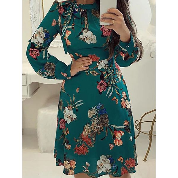

spring autumn mini dress female slim floral print knee dress ladies o-neck empire drress elegance bow vestidos for women, Black;gray