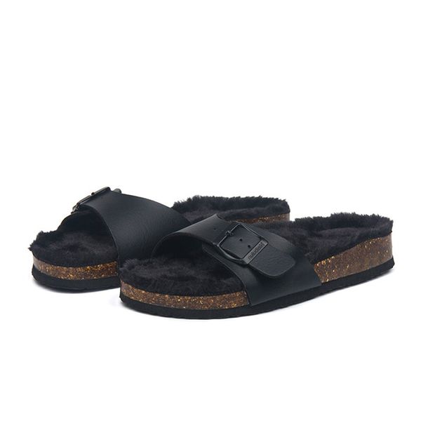 

new style autumn indoor cork slipper winter women casual outside solid color plush flip flops slides shoes big plus 35-45, Black
