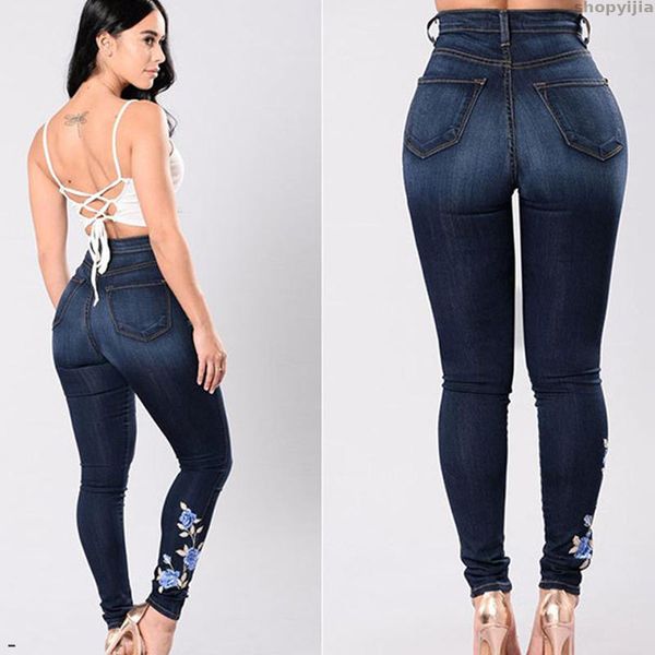 

цветочные печати джинсовые штаны брюки женщины stretch высокой талией тощий вышивка джинсы женщины карандаш pant плюс размер женская жан, Blue