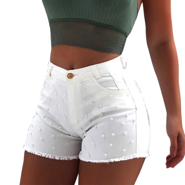 

beadings pockets summer women's jeans high waist tassels denim slim fit mini shorts white jeans for women vaqueros mujer #g6, Blue
