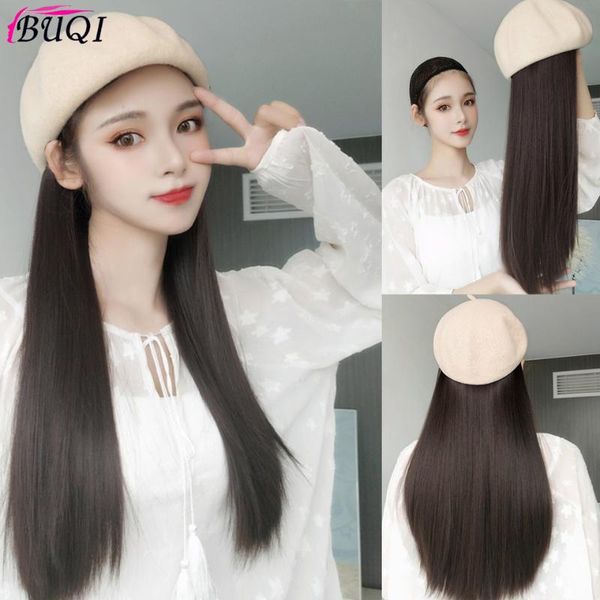 

buqi long straight wavy hat wig black brown wig and hat naturally connected synthetic hair female full head