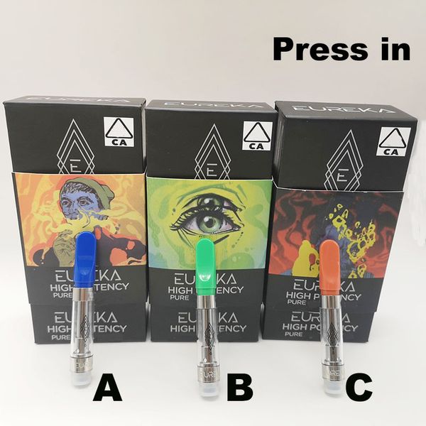 

New Eureka Clear Carts Press Tip Vape Cartridges 0.8ml 1 Gram Oil Tank 510 Ceramic Coil Atomizer Empty Pen Vaporizer Blue Green Orange Vapor