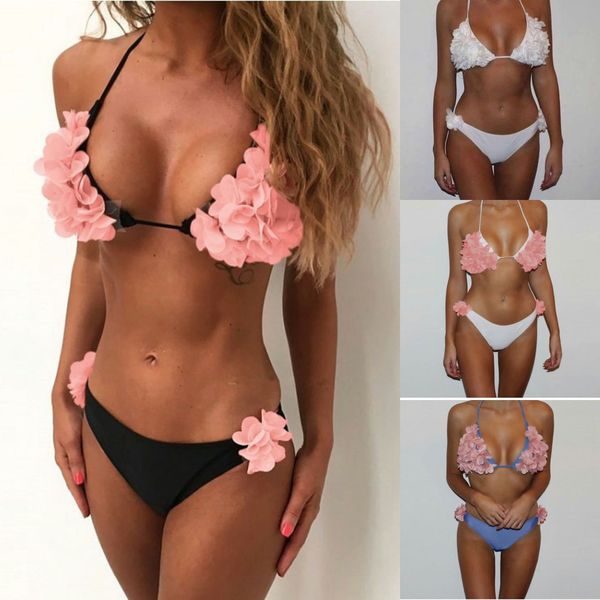 

en3kc stereoscopic flower hanging neck two-piece swimsuit beach beach stereoscopic flower hanging neck two-piece swimsuit bikini, White;black