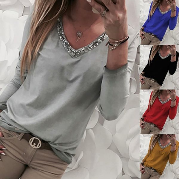 

2019 new fashion womens casual sequins long sleeve v-neck casual summer short sleeve female t shirt z0307, White