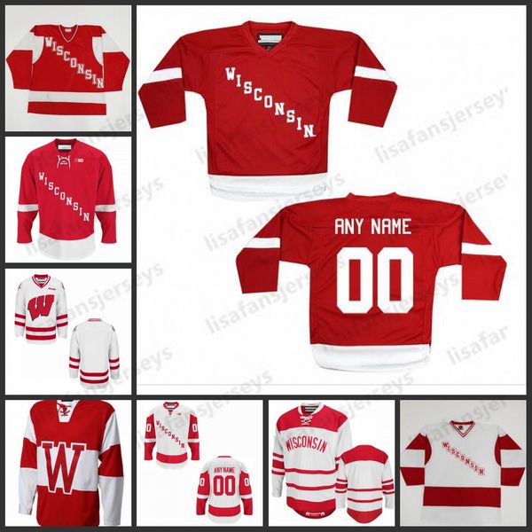 

customize ahl wisconsin badgers cardinal college football ncaa white red mesh all stitched premier hockey jersey, Black;red