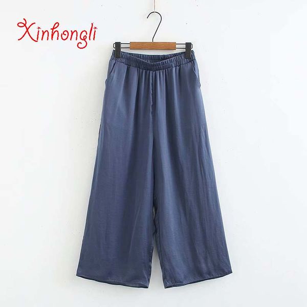 

plus size chiffon elastic waist wide leg pants 2019 summer casual ladies blue & black & silvery loose trousers female, Black;white