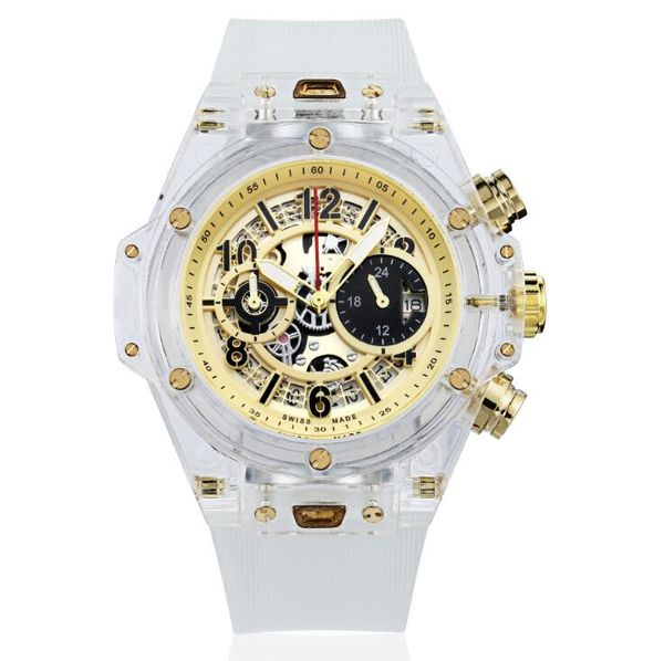 

новый 2019 мода designe мужские часы прозрачный ремешок для часов на открытом воздухе движение кварц большой циферблат календарь наручные ча, Slivery;brown