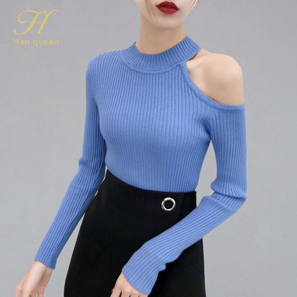 

h han queen 2019 autumn women sweaters high elastic off the sholuder sweater female soft tight bottoming knitted pullovers, White;black