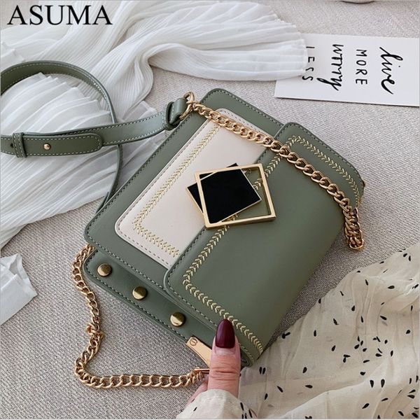 

chain pu leather crossbody bags for women 2019 small shoulder messenger bag special lock design female travel handbags contrast