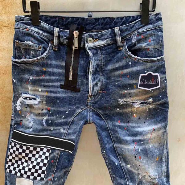 

d2 trend private custom mens jeans fashion europe the united states designer jeans tide brand stickers color graffiti personality hole pants, Blue