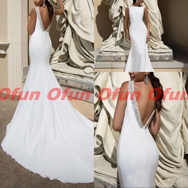 

simple scoop neck sleeveless elastic satin long beach bride wedding dress vestidos de novia backless beaded mermaid wedding gown, White