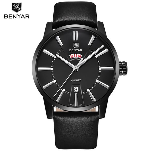 

benyar men's watch sports watch quartz leather blue men date relogio masculino, Slivery;brown
