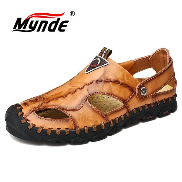 

2019 new summer sandals men breathable genuine leather sandals man flats plus size fashion casual beach men's shoes, Black